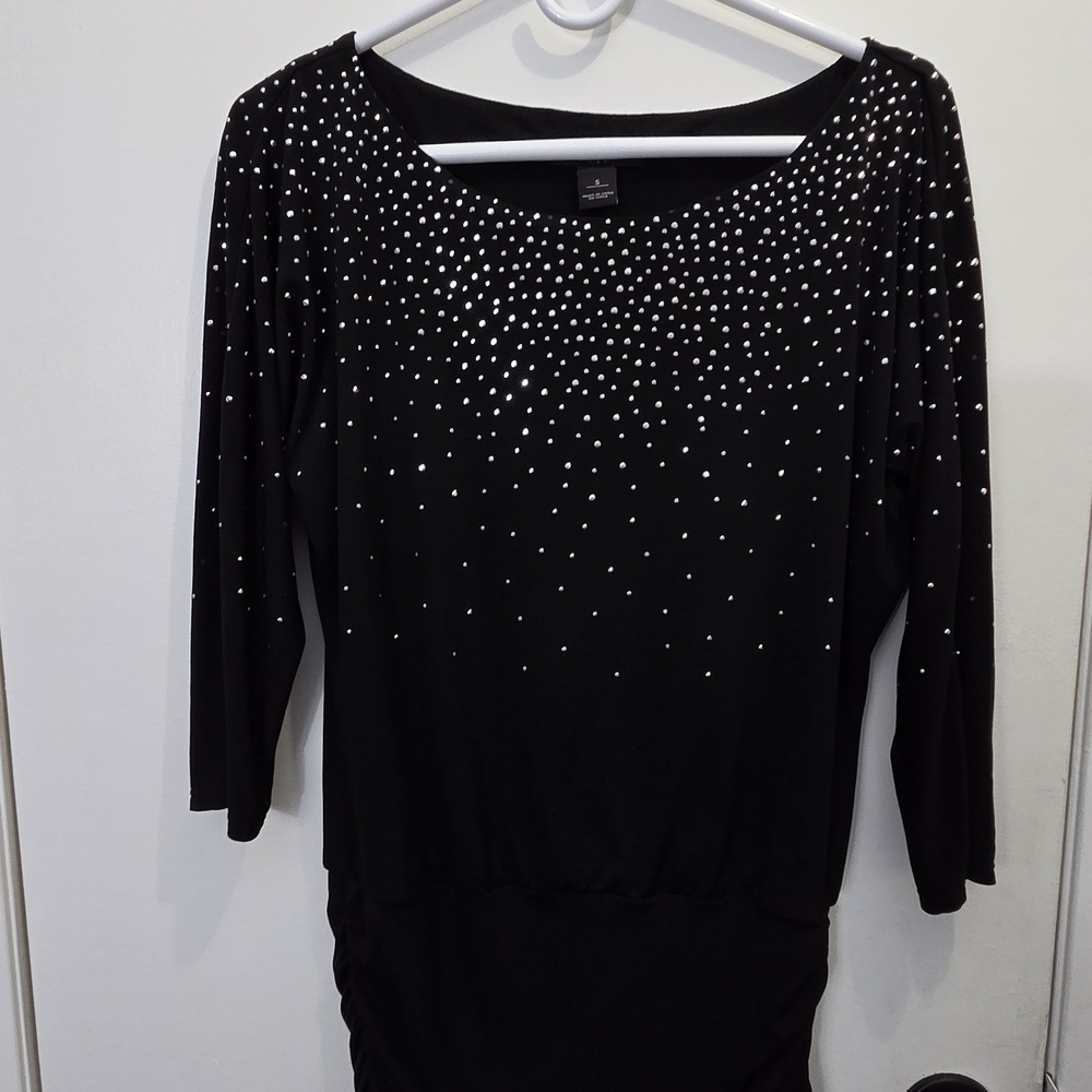 White House Black Market Black Long-Sleeve Scoop Neck Dress with Silver Studs